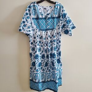 Metropolitan Blue White Cotton Floral Boho Midi Length Summer Dress Size Medium